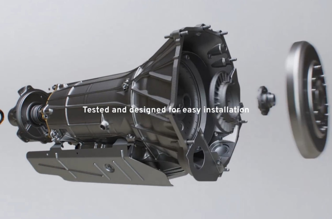 Deconstructed Transmission Part with Text Overlay "Tested and designed for easy installation"